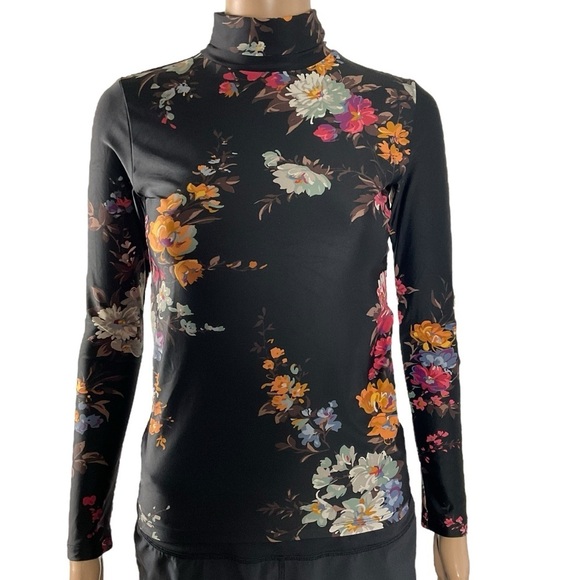 Twin Fantasy Tops - Twin Fantasy Black Floral Mock Neck Long Sleeve Top XS Italian Fabric